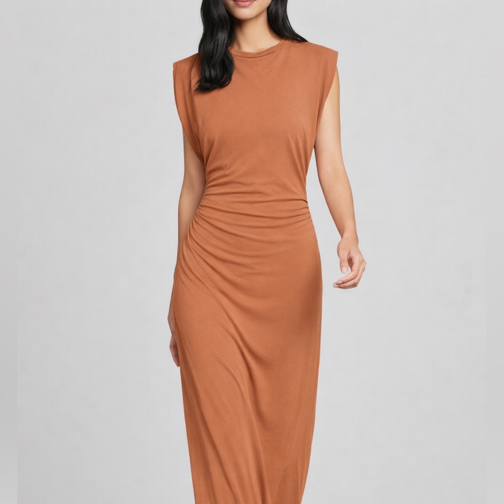 🆕 Antonio Melani Sleeveless Midi Dress Camel Brown Stretch Minimalist Size XS